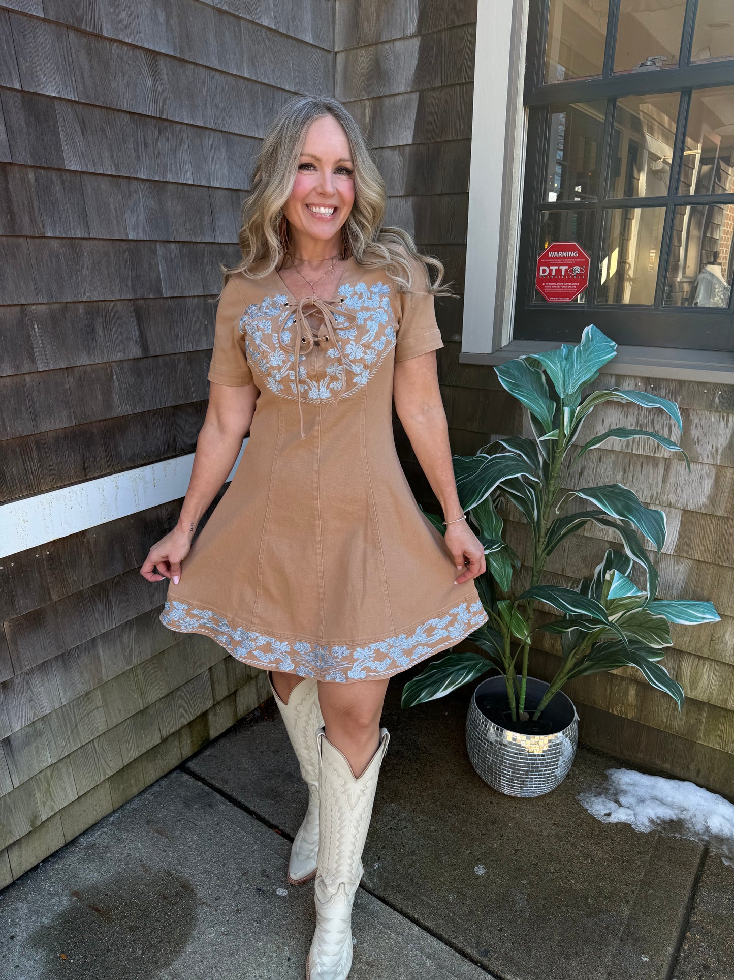 Lace-Up Western Denim Dress: Taupe
