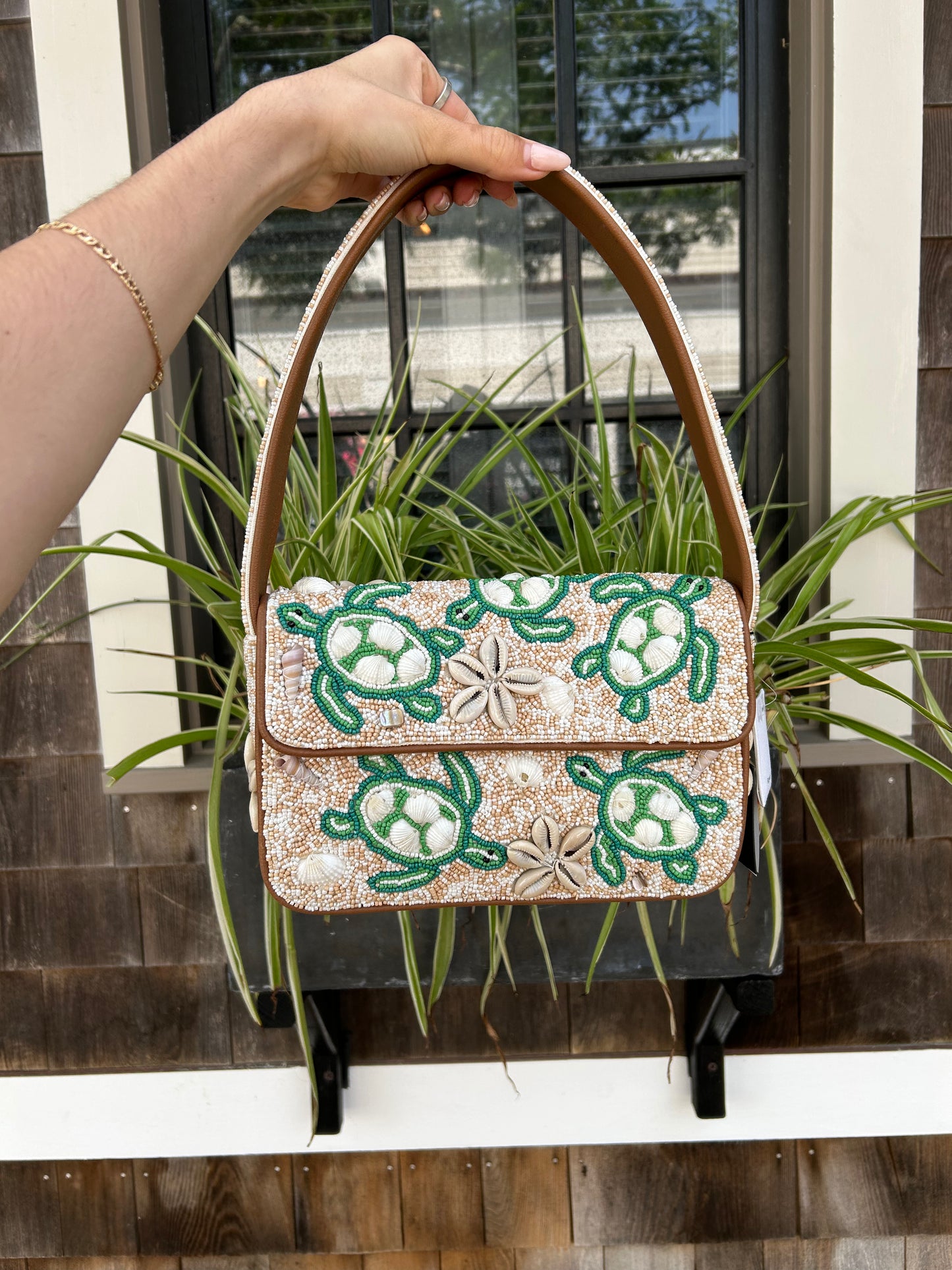 Sea Turtle Shell Beaded Shoulder Bag