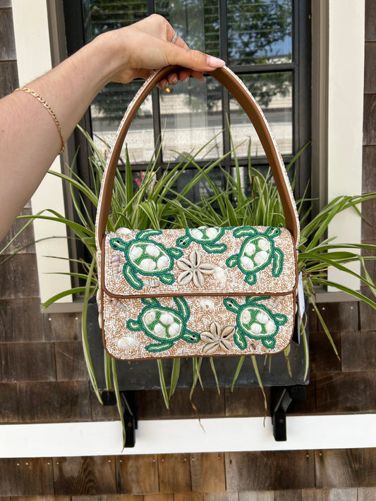 Sea Turtle Shell Beaded Shoulder Bag