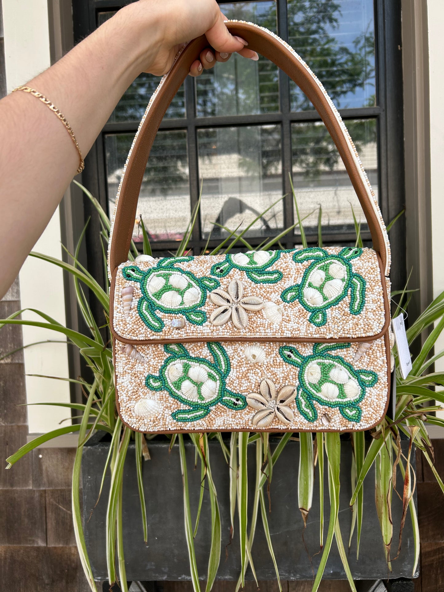 Sea Turtle Shell Beaded Shoulder Bag