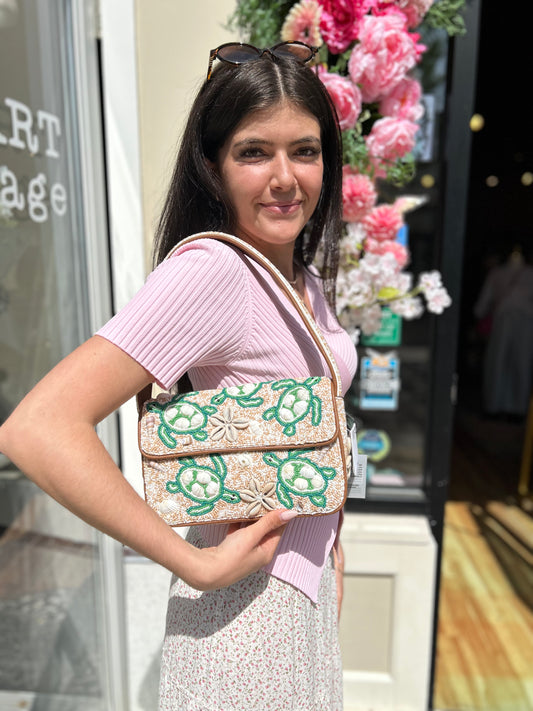 Sea Turtle Shell Beaded Shoulder Bag