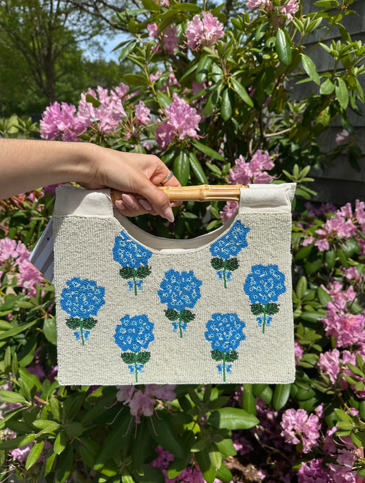 Beaded Hydrangea Bag with Bamboo Handles