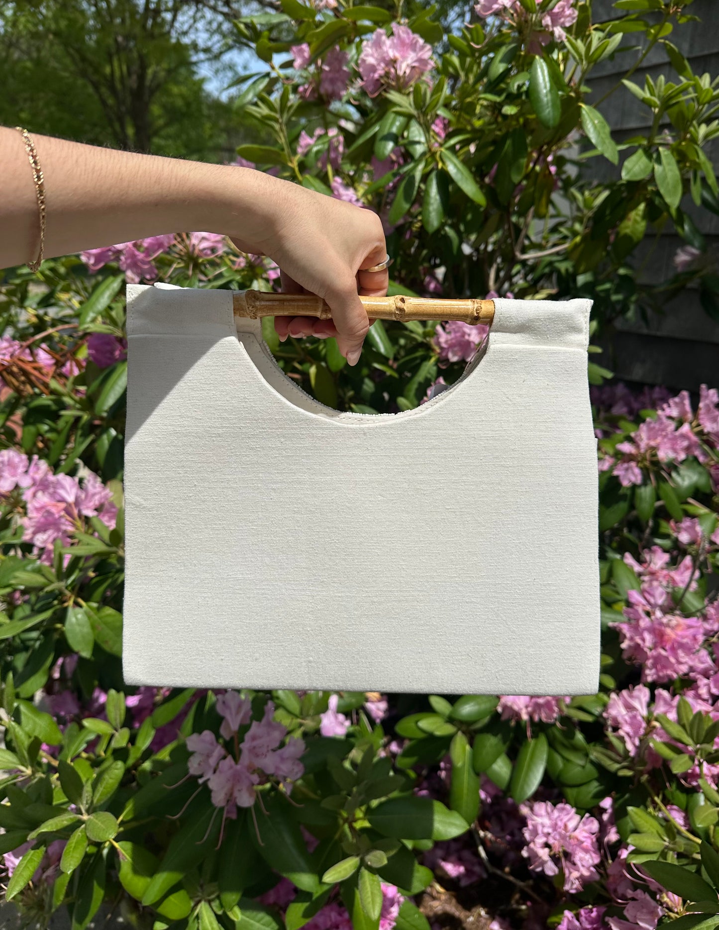 Beaded Hydrangea Bag with Bamboo Handles