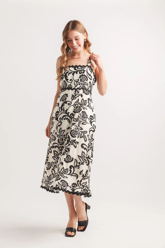 Floral Printed Sleeveless Dress w Rick Rack Trim