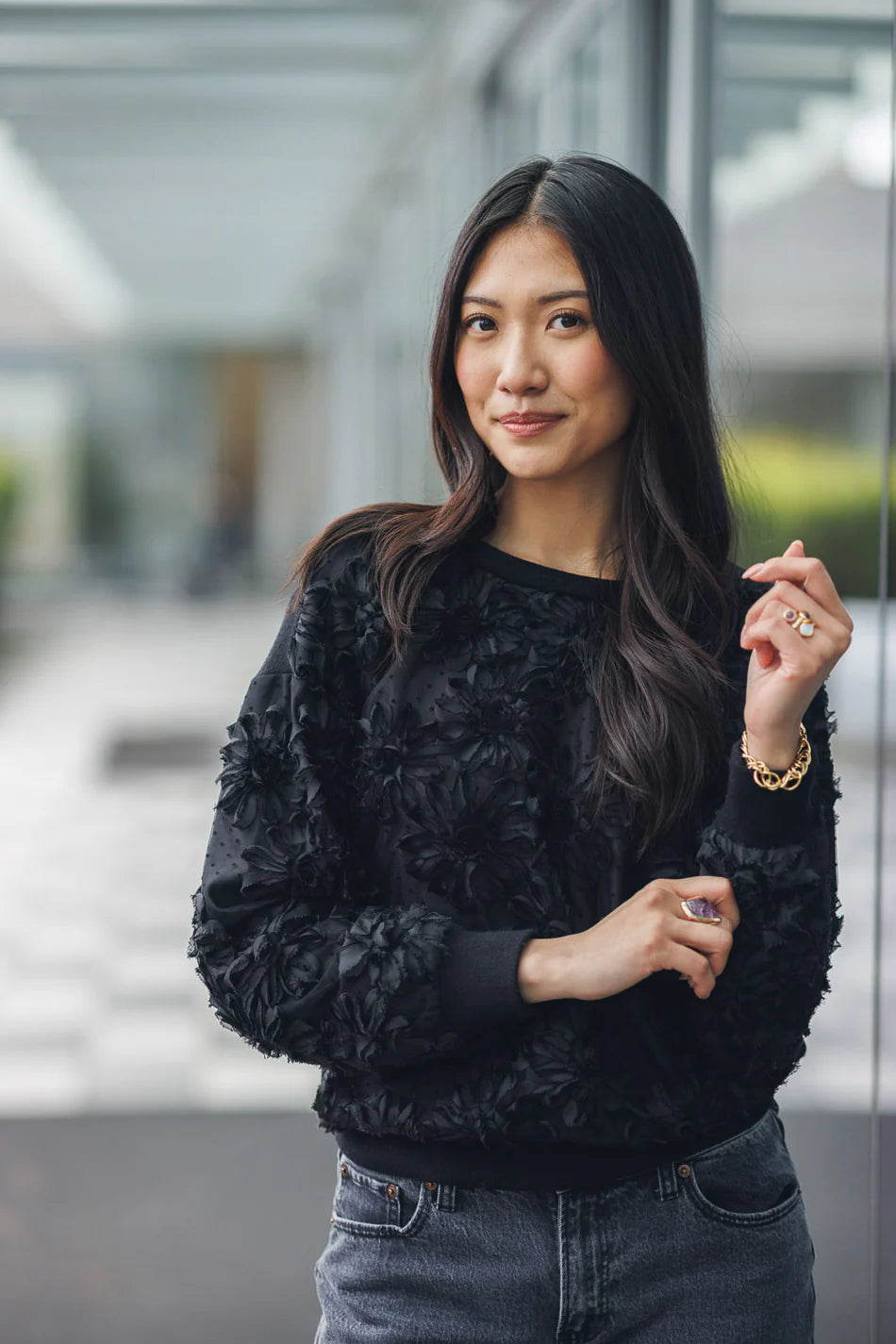 3D Floral Knit Sweater With Rib Trim