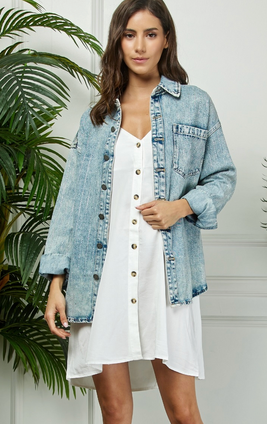 Stripe Rhinestone Denim Shacket