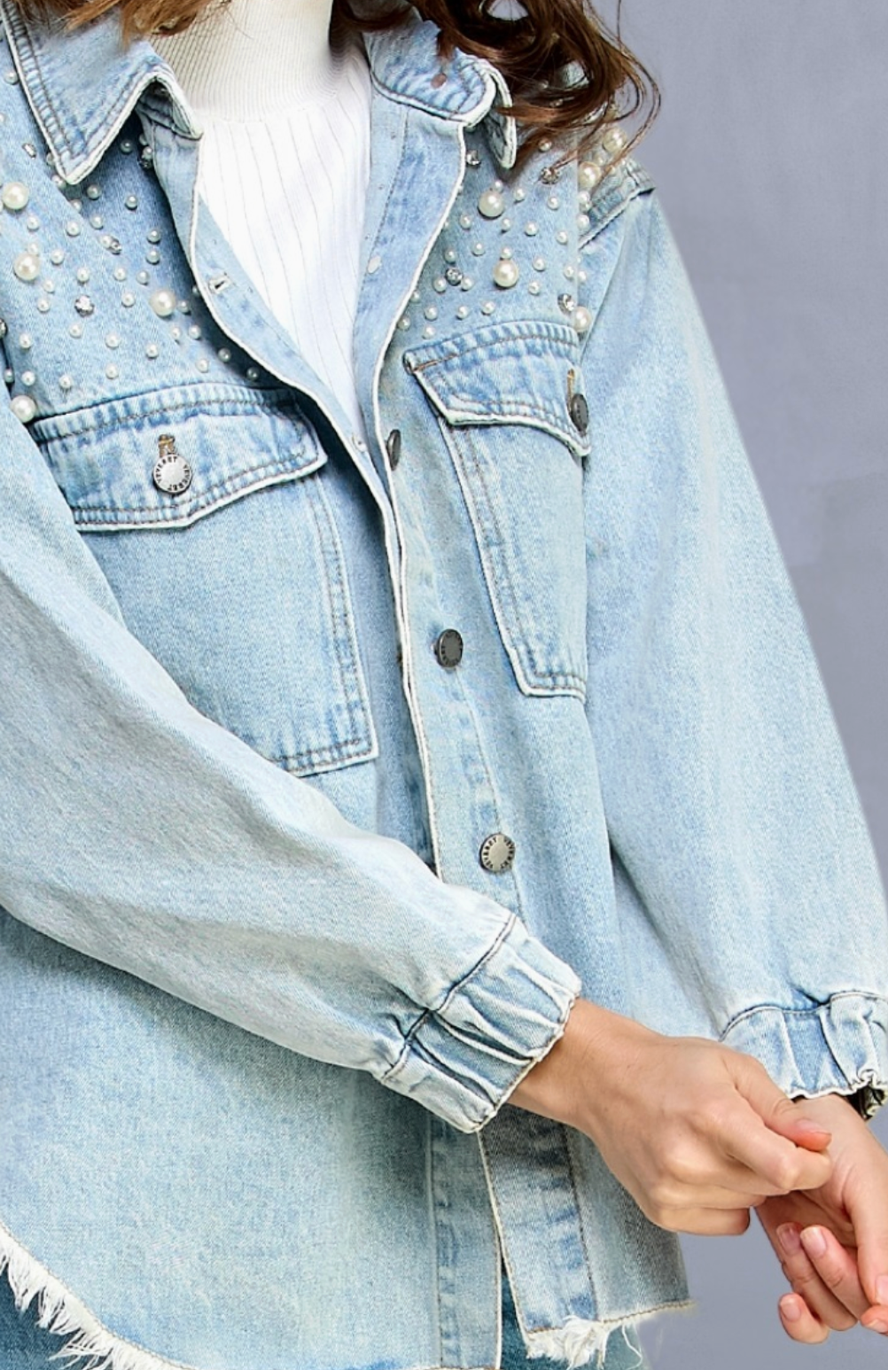 Pearl and Rhinestone Denim Shacket