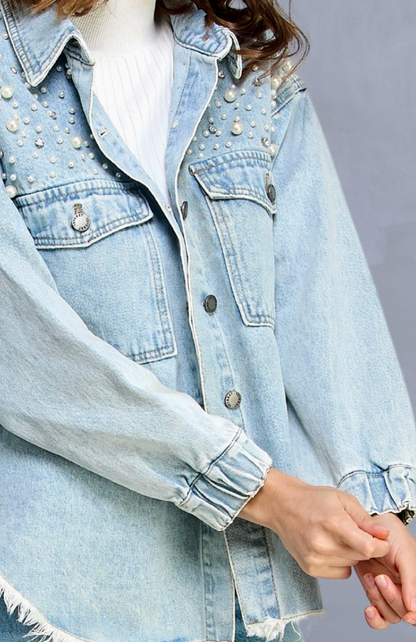 Pearl and Rhinestone Denim Shacket