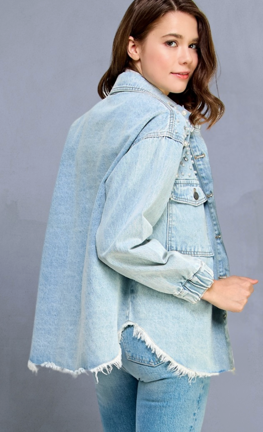 Pearl and Rhinestone Denim Shacket