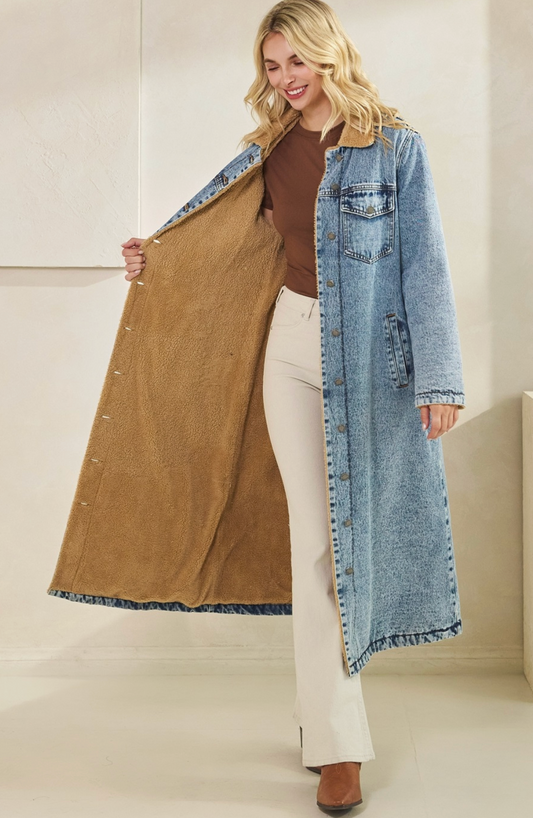 Sherpa-Lined Longline Denim Jacket: Pre Order