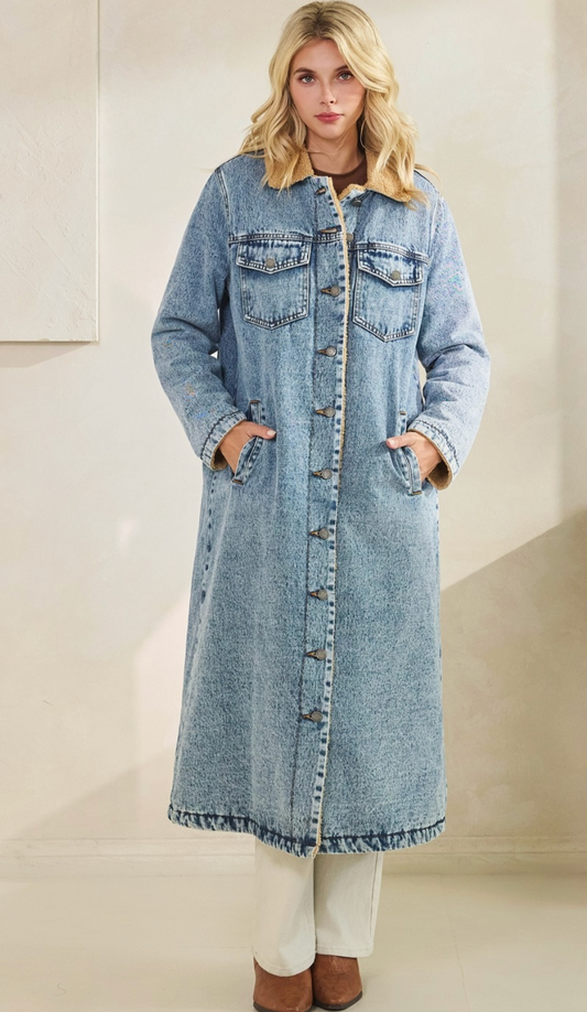 Sherpa-Lined Longline Denim Jacket: Pre Order
