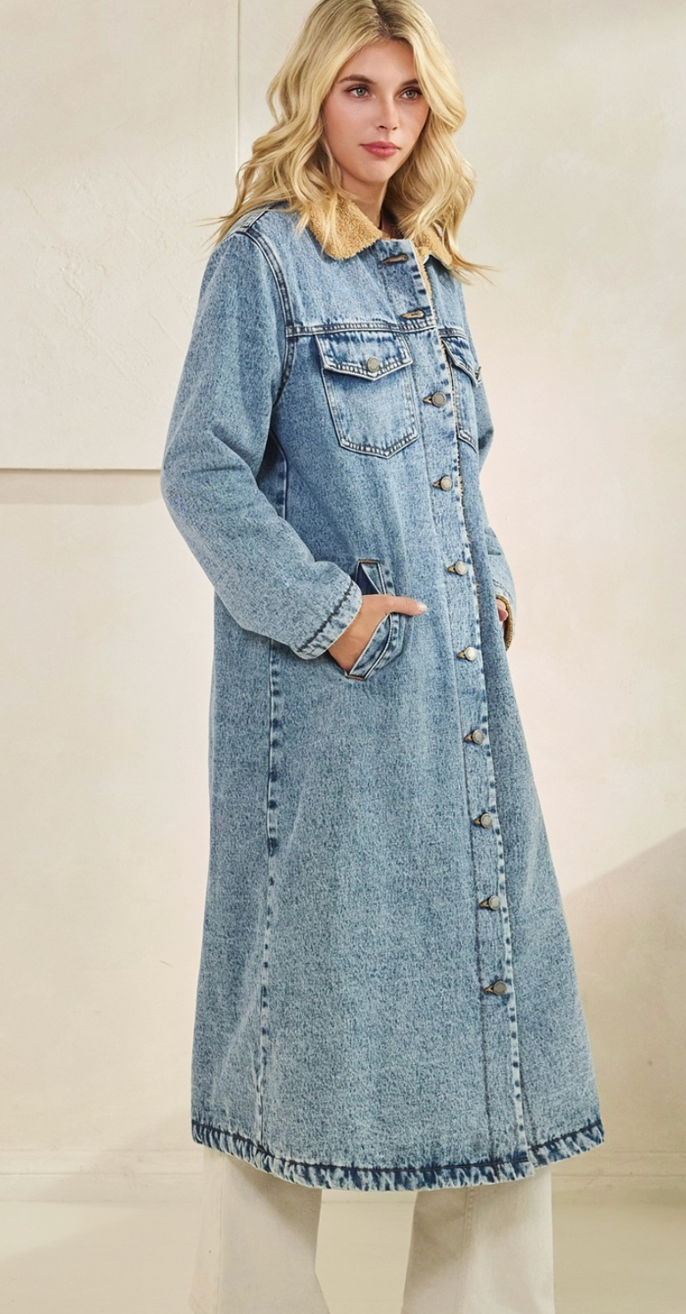 Sherpa-Lined Longline Denim Jacket: Pre Order