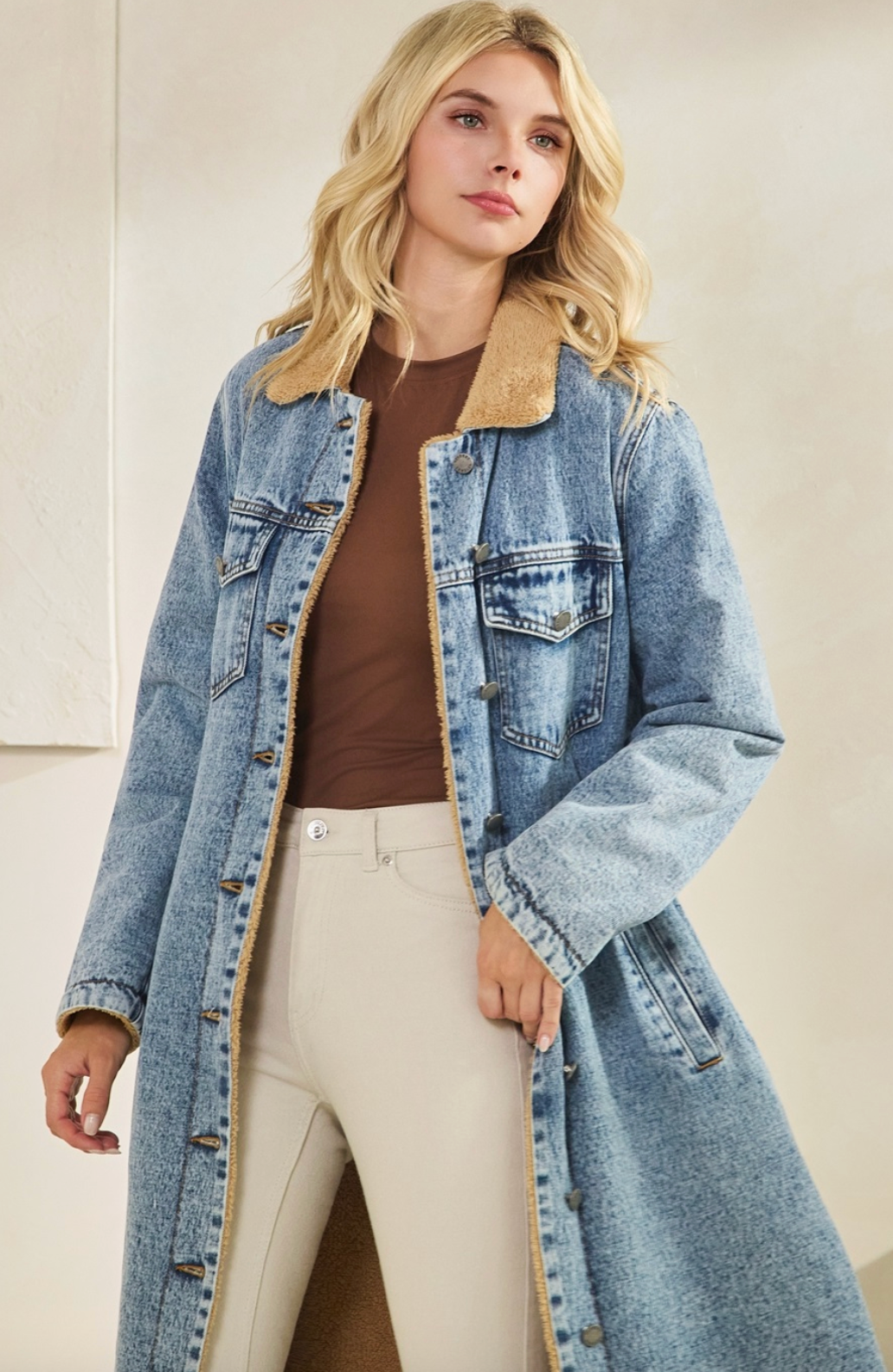 Sherpa-Lined Longline Denim Jacket: Pre Order
