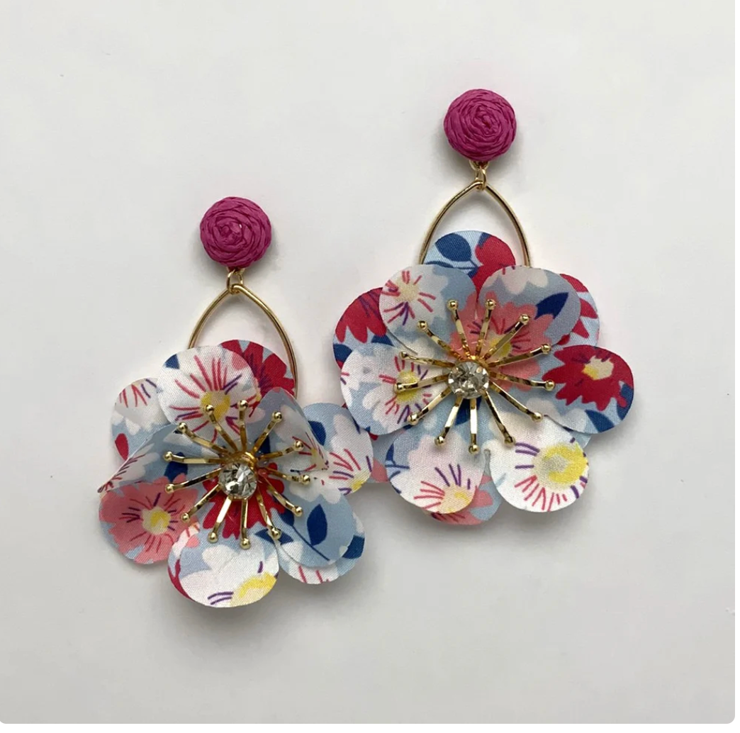 Hot Pink Flower Fabric Earrings