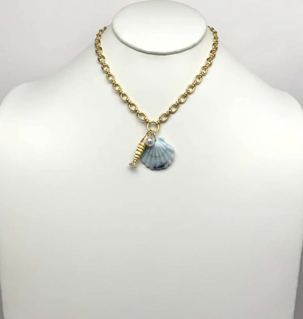 Blue Seashell Fish Pendant Necklace