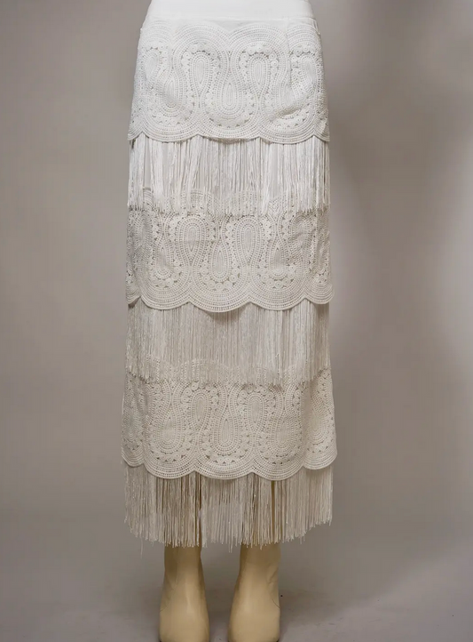Lace Fringe Tiered Maxi Skirt
