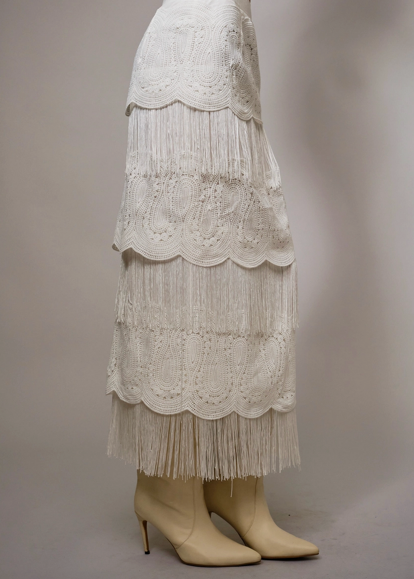 Lace Fringe Tiered Maxi Skirt