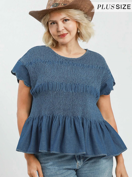 Chambray Smocked Statement Top: Pre Order