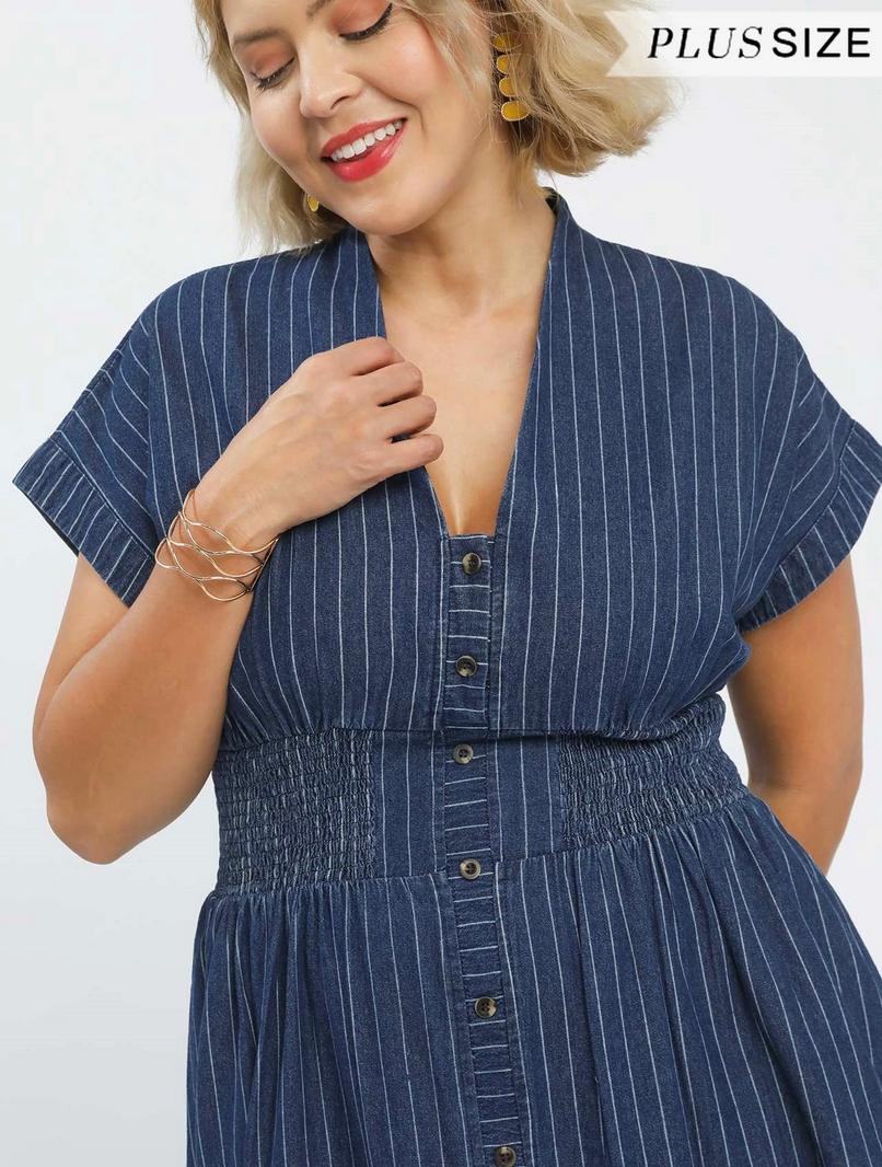 Pinstripe Smocked Waist Button-Front Midi Dress