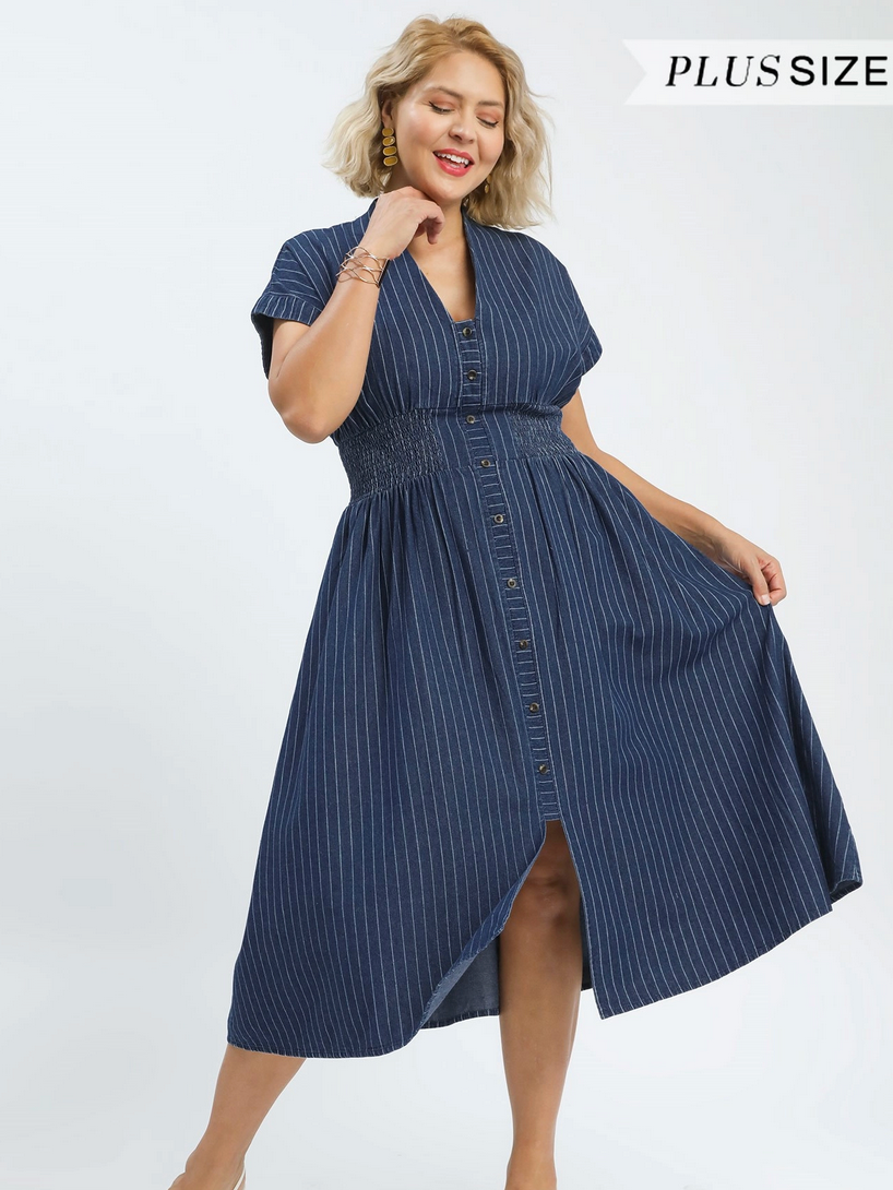 Pinstripe Smocked Waist Button-Front Midi Dress