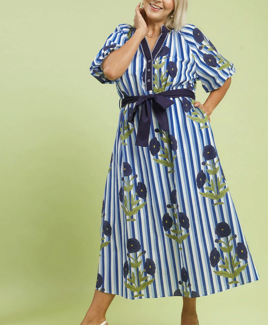 Striped Floral Maxi Dress with Waist Tie