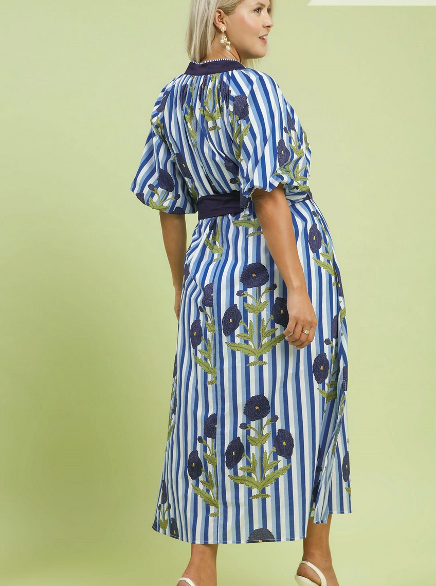 Striped Floral Maxi Dress with Waist Tie