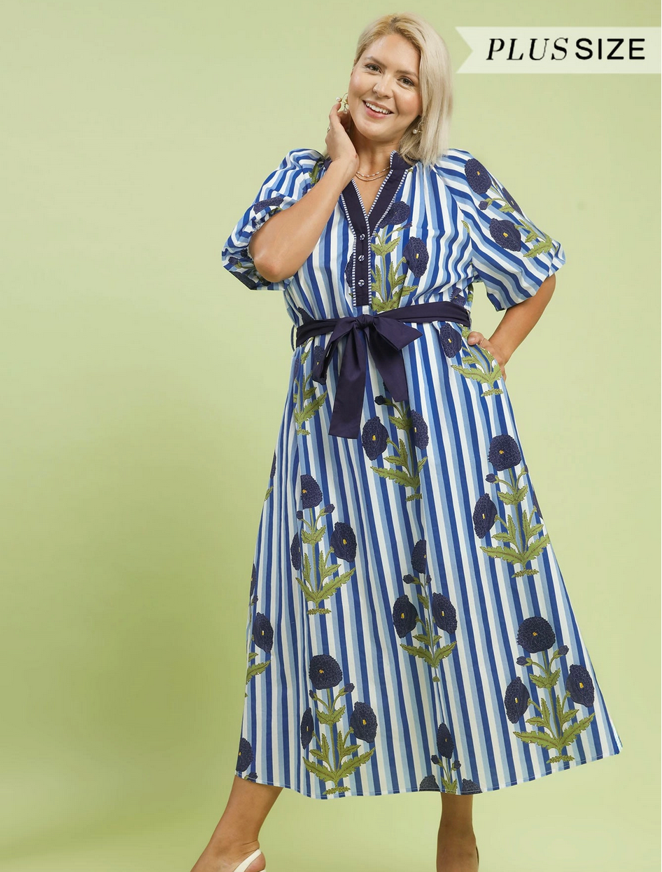 Striped Floral Maxi Dress with Waist Tie