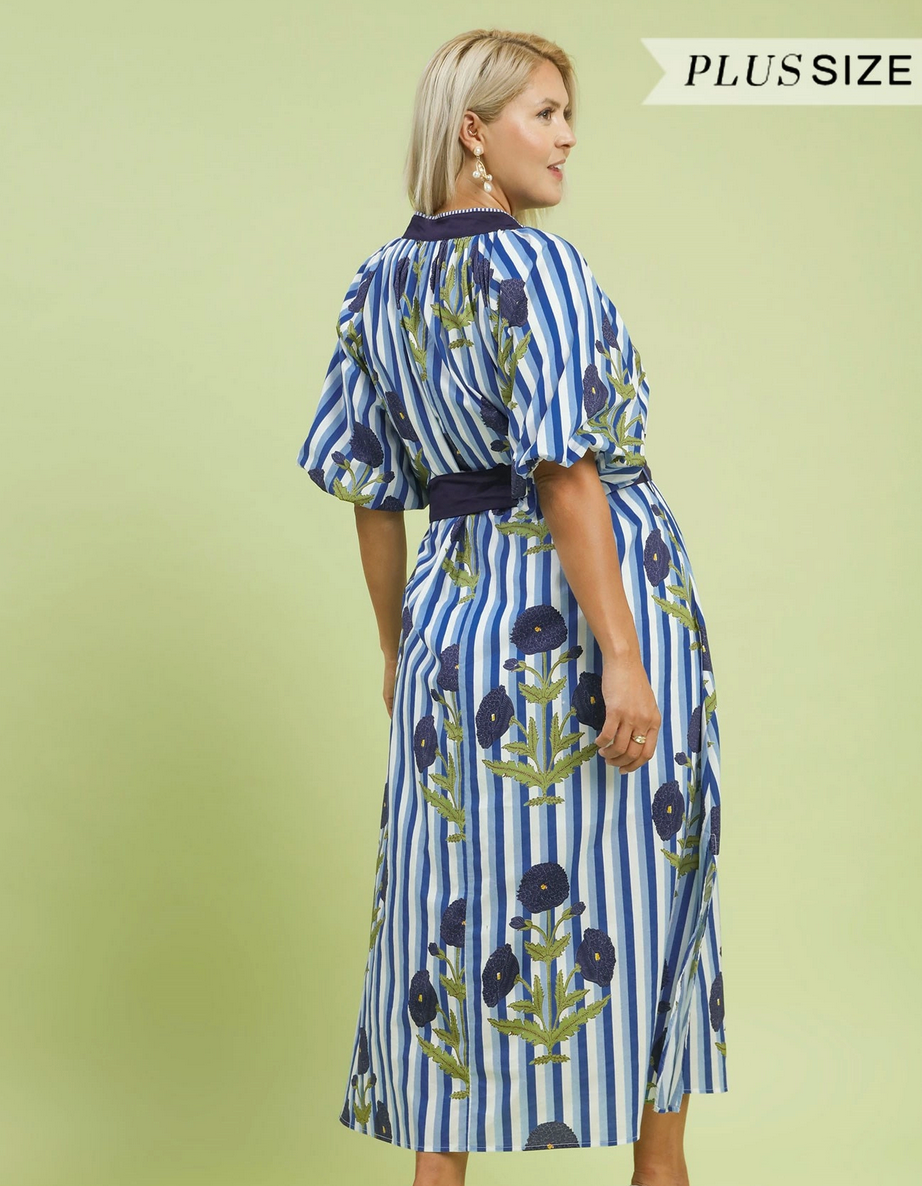 Striped Floral Maxi Dress with Waist Tie