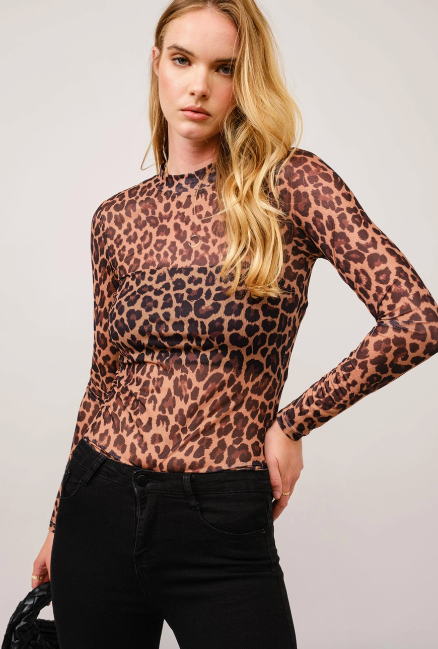 Leopard Mesh Mock Neck Fitted Top