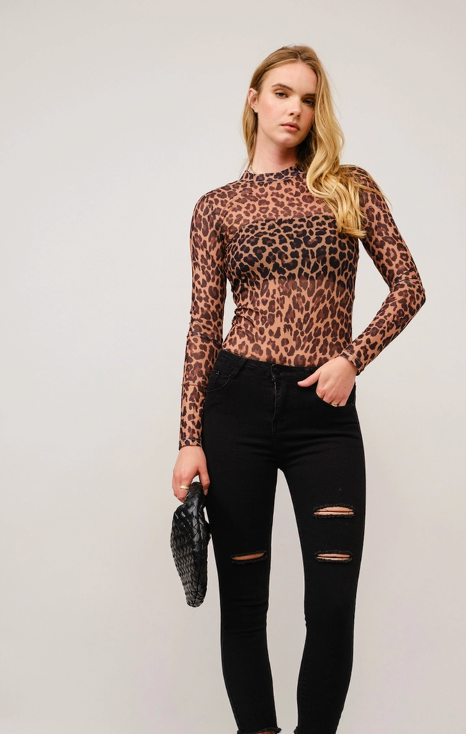 Leopard Mesh Mock Neck Fitted Top