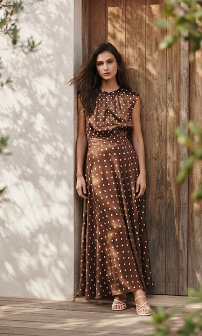 Parisian Polka Silk Skirt: Brown