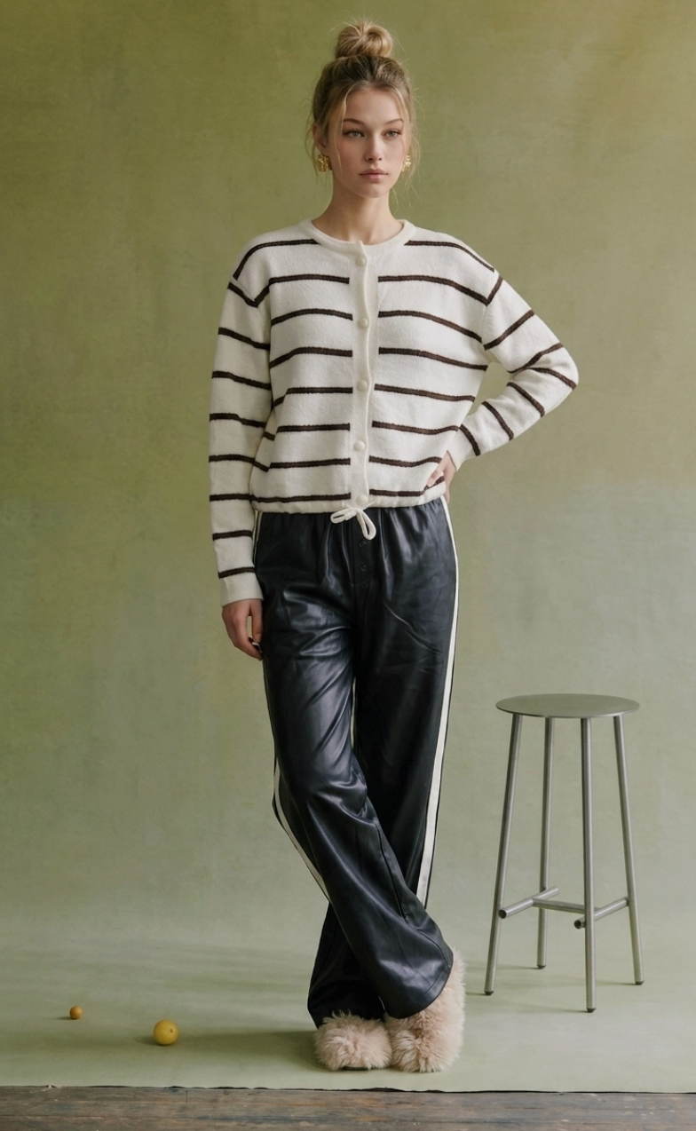 Sripe Stitch Drawstring Cardigan