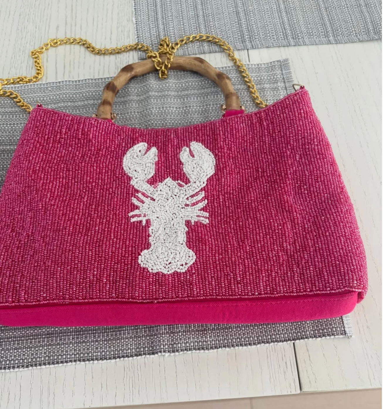 Pink Beaded Crossbody with Bamboo Handle 