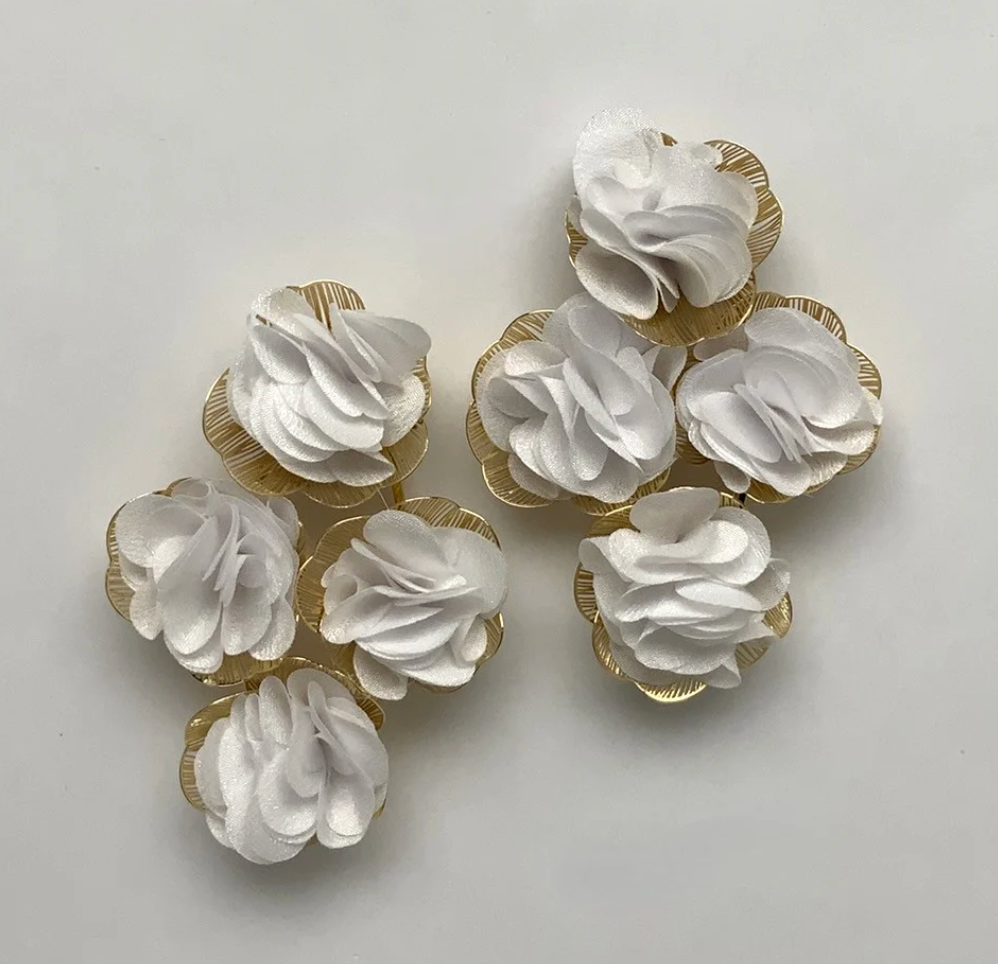 White Flower Fabric Cluster Earrings