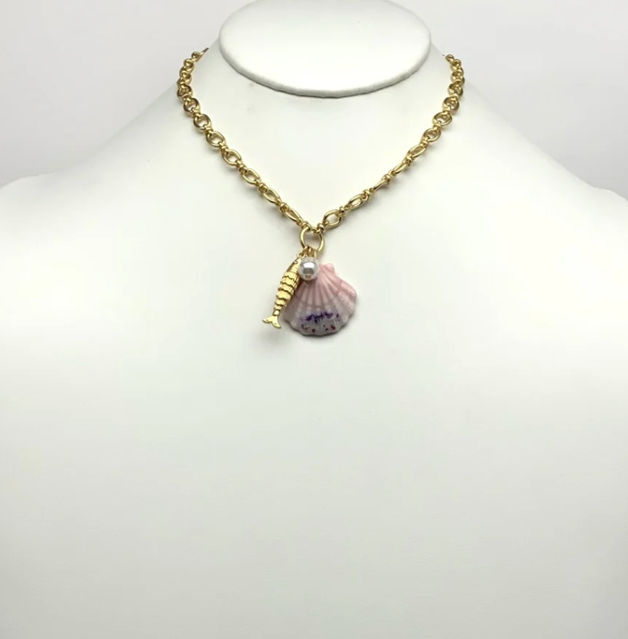 Pink Seashell Fish Pendant Necklace
