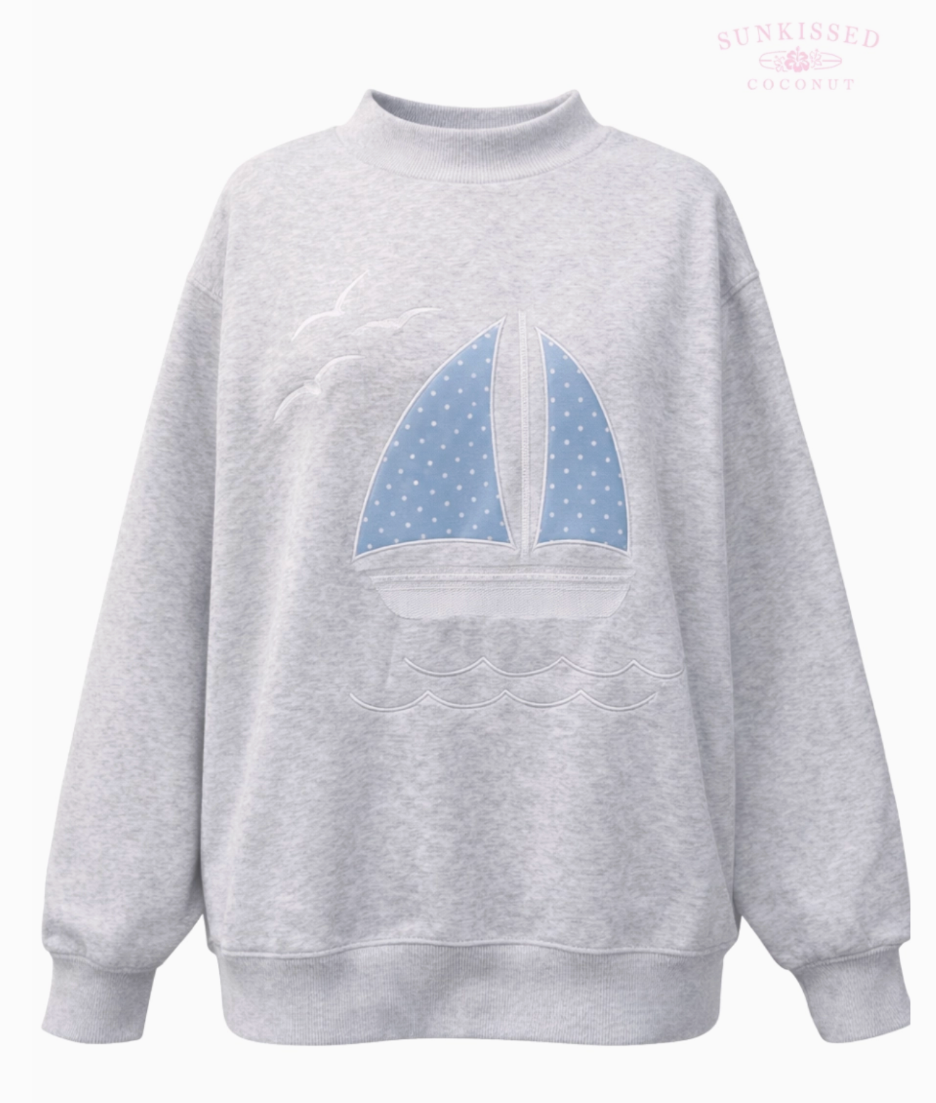 Polka Dot Sailboat Embroider Mockneck Sweatshirt