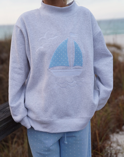 Polka Dot Sailboat Embroider Mockneck Sweatshirt
