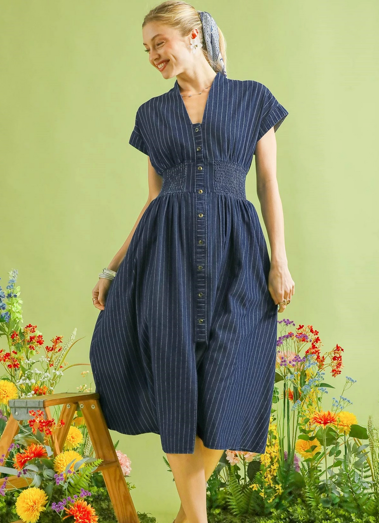 Pinstripe Smocked Waist Button-Front Midi Dress