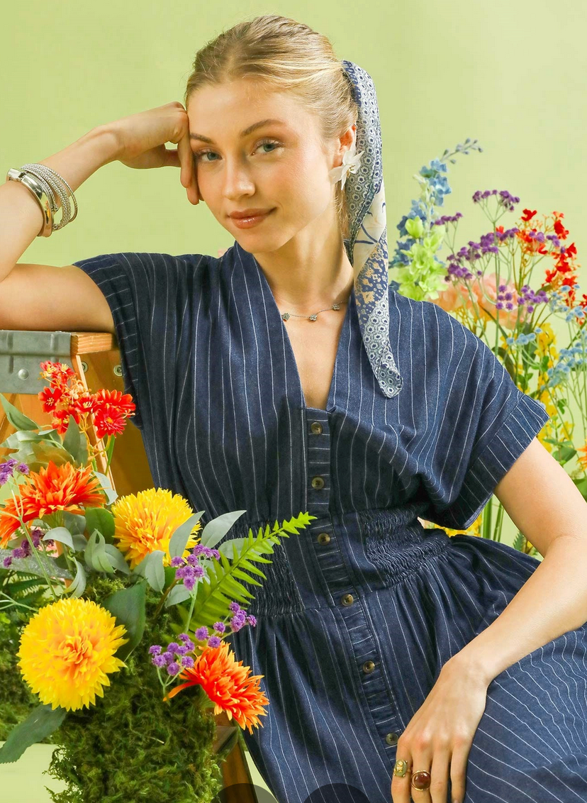 Pinstripe Smocked Waist Button-Front Midi Dress