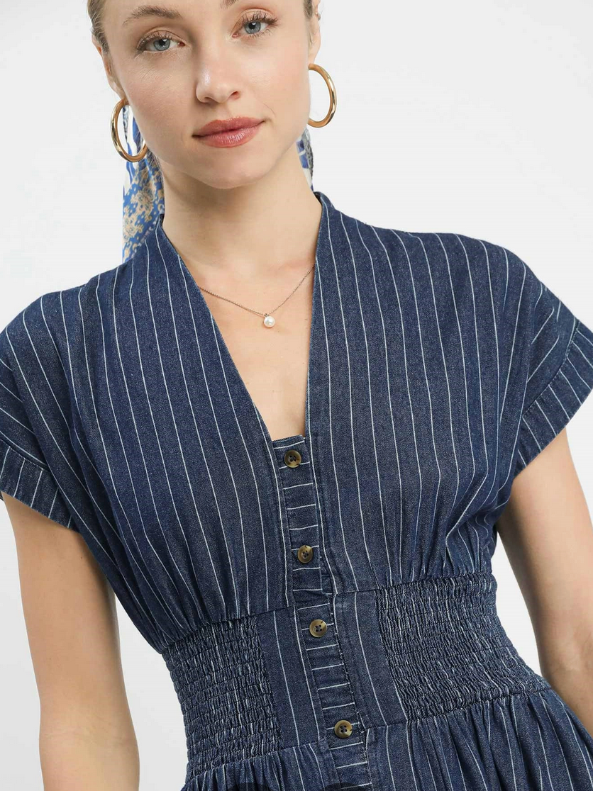 Pinstripe Smocked Waist Button-Front Midi Dress