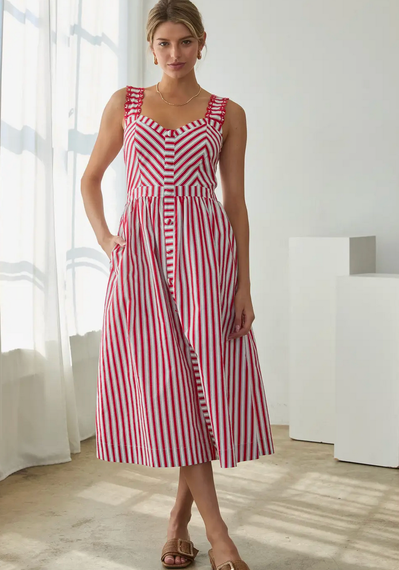 Striped Midi Dress with Embroidered Detail: Red & white
