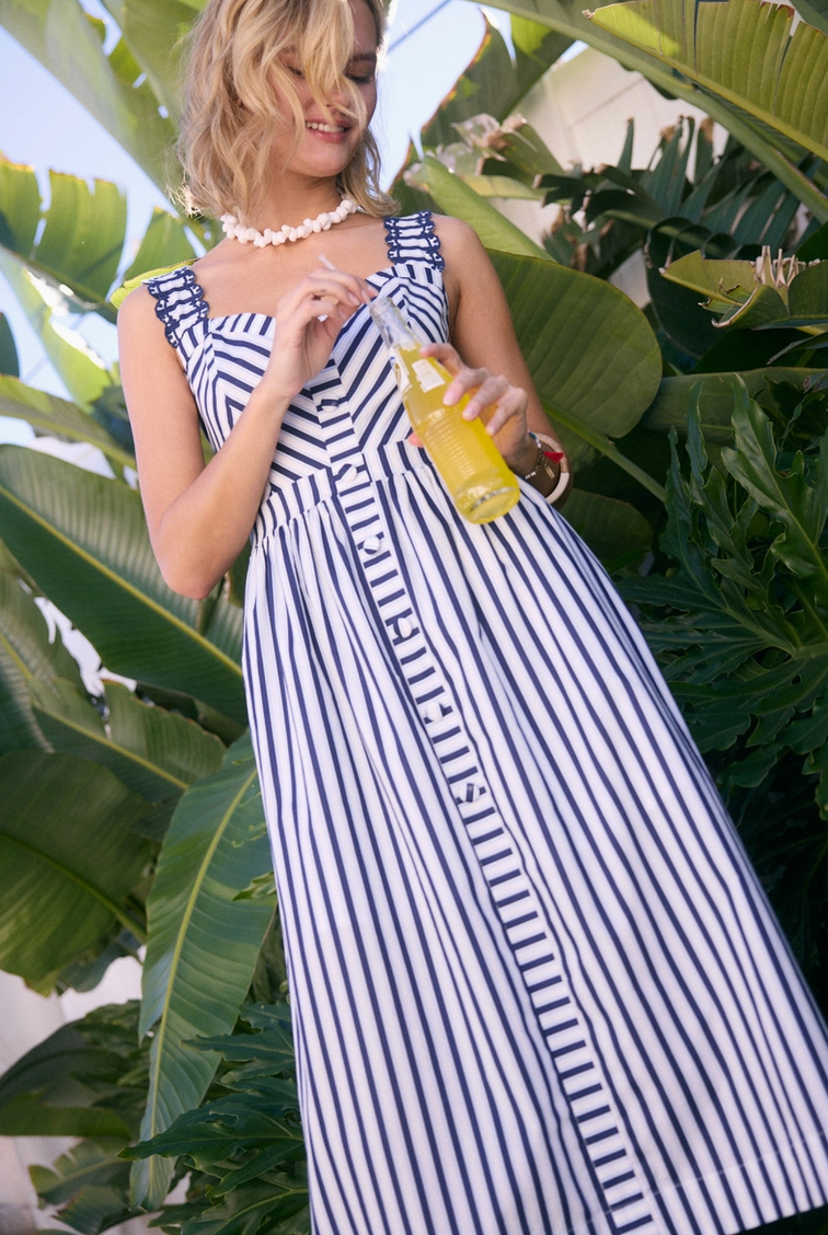 Striped Midi Dress with Embroidered Detail: Navy & White