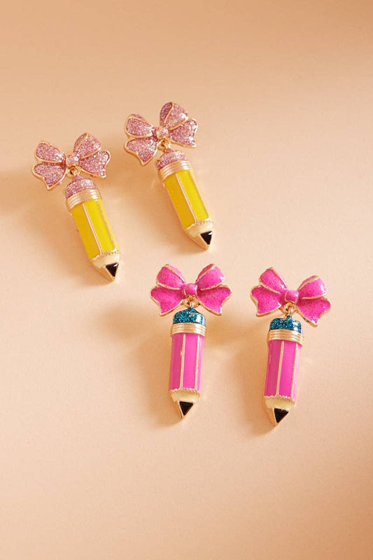 Teachers Day School Pencil Enamel Bow Post Earrings