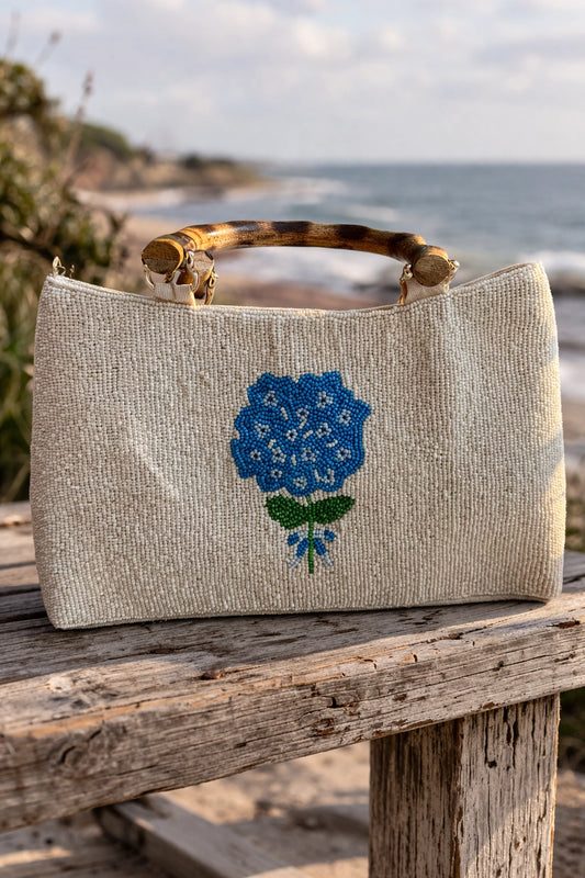 Falmouth Hydrangea Beaded Bag with Bamboo Handle