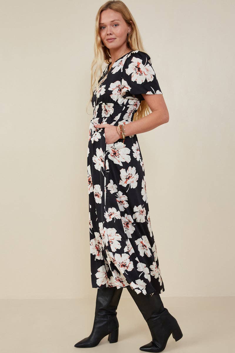 Size Inclusive: Floral Smocked Waist Slit Detail Dress