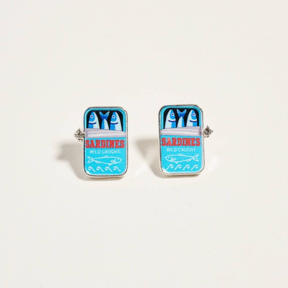 0.75 Inch Canned Sardines Rhinestone Post Earrings