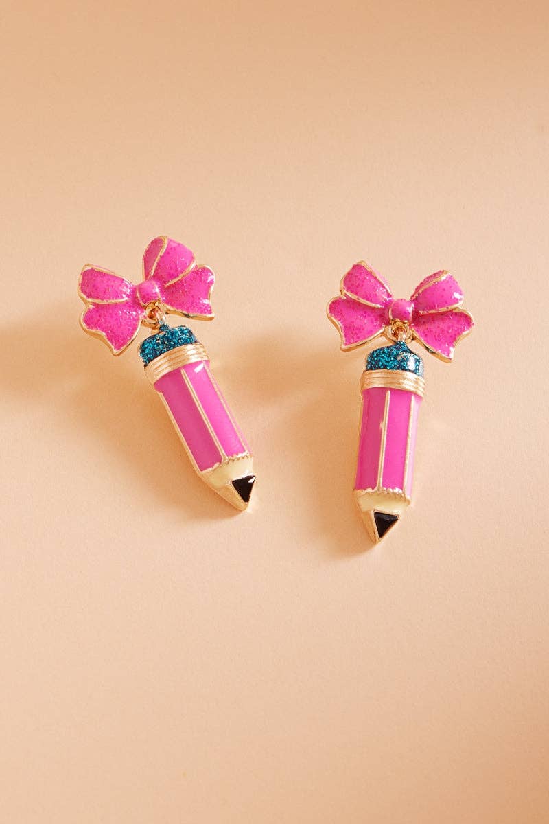 Teachers Day School Pencil Enamel Bow Post Earrings