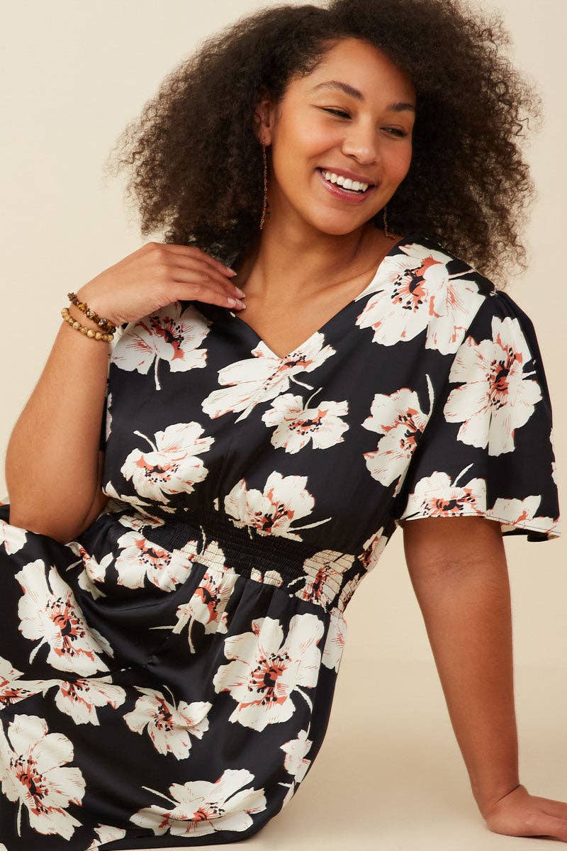 Size Inclusive: Floral Smocked Waist Slit Detail Dress