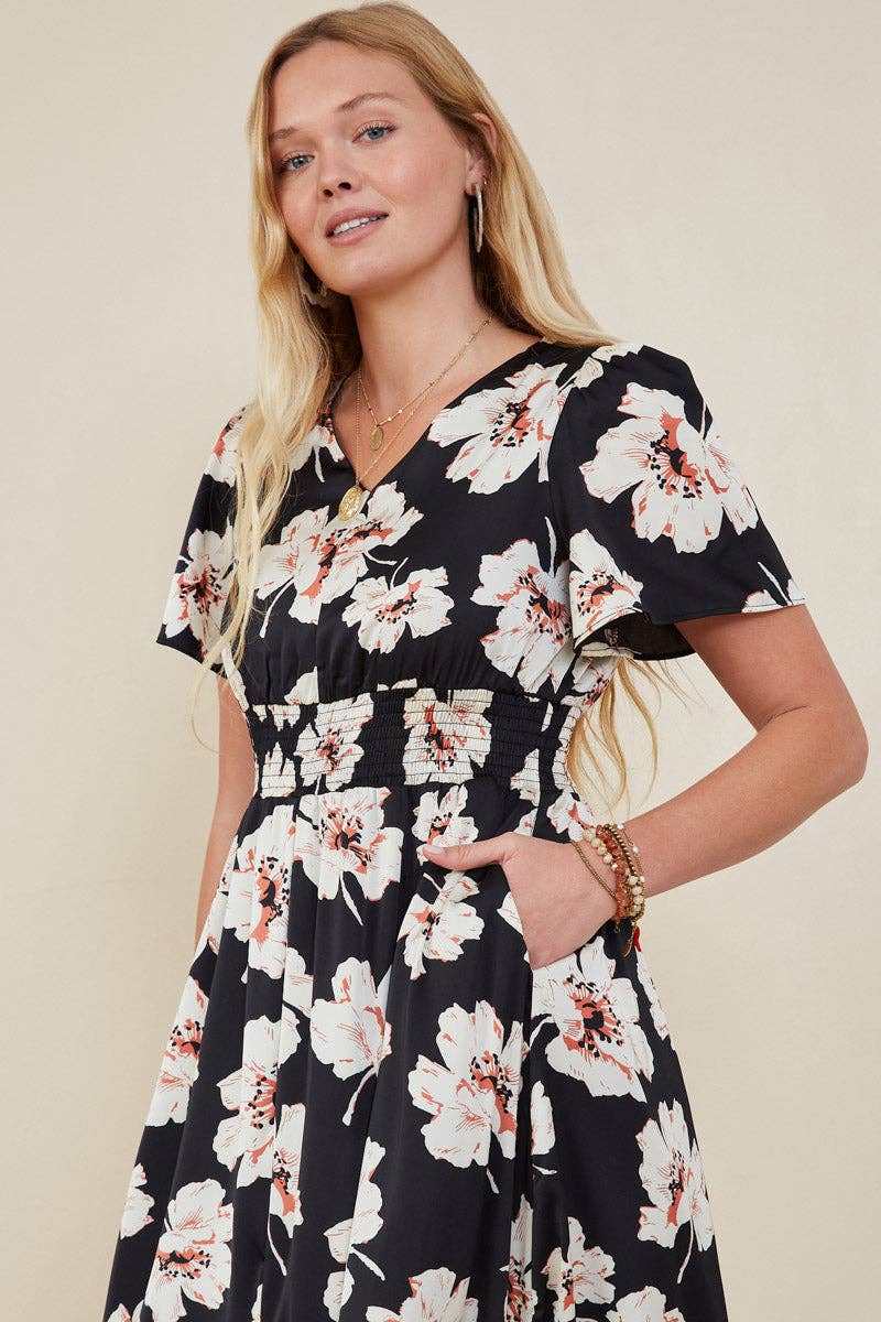 Size Inclusive: Floral Smocked Waist Slit Detail Dress