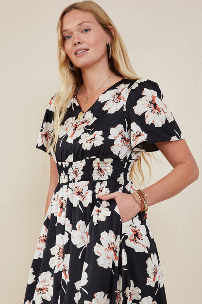 Size Inclusive: Floral Smocked Waist Slit Detail Dress